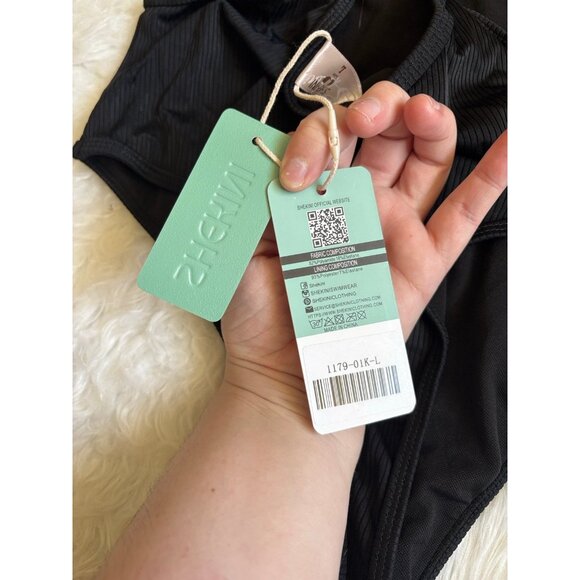 NWT Shekini Black Ribbed Deep U-Neck Thong Back One Piece Swimsuit L - Picture 9 of 10